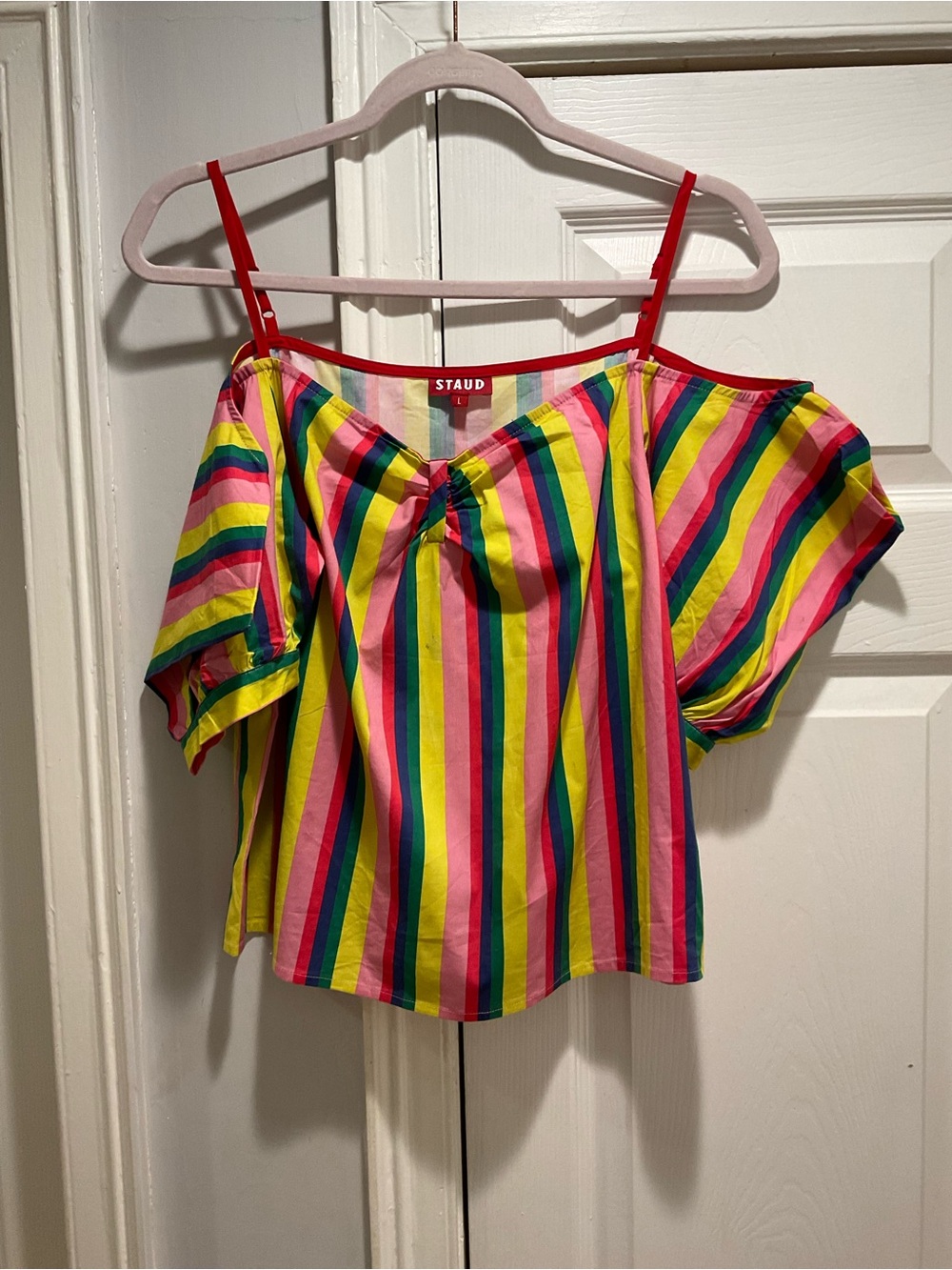 STAUD Multicolor Striped Cold Shoulder Puff Sleeve Top Size L